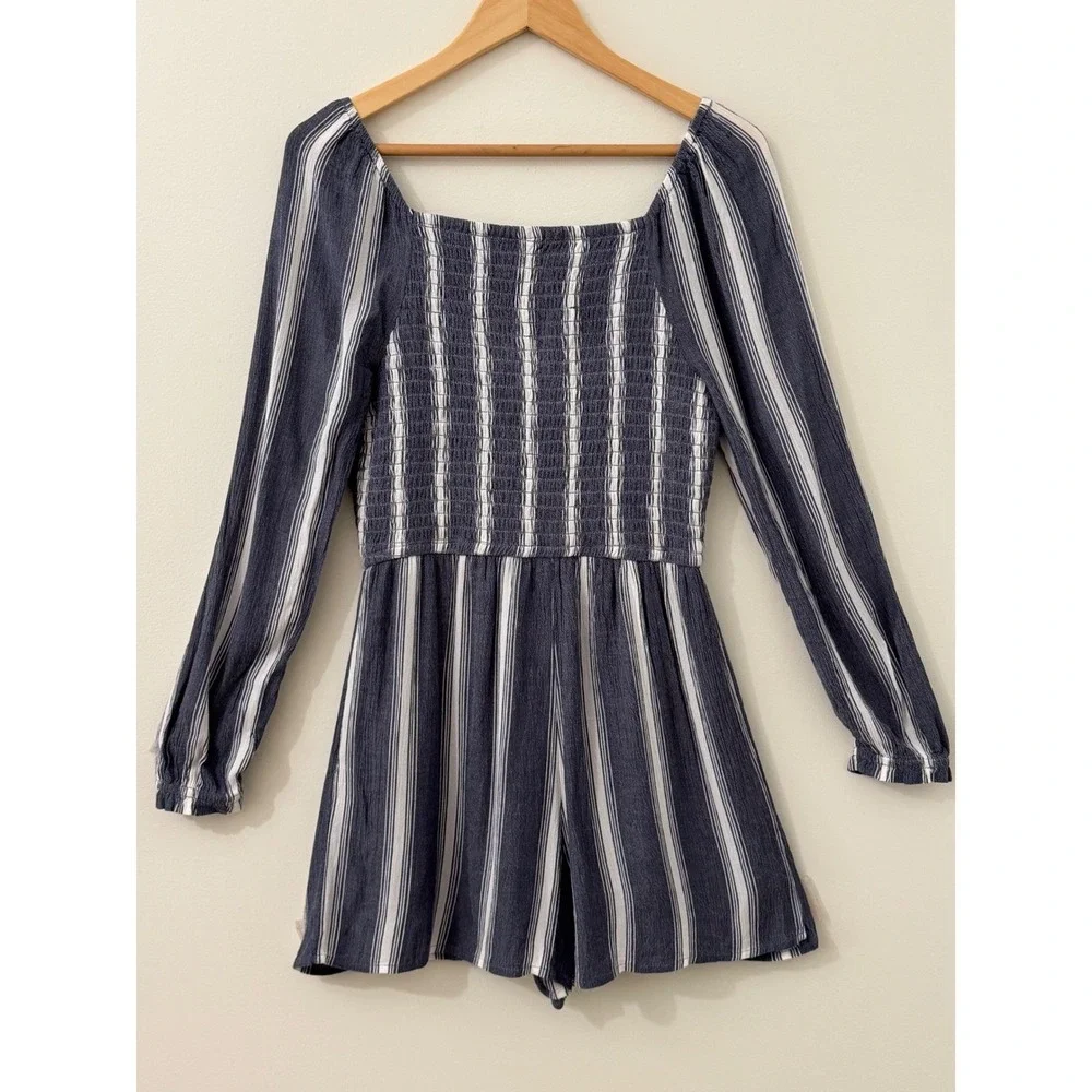 Justice Girls Blue White Striped Smocked Long Sleeve‎ Romper 16 Summer Vacation